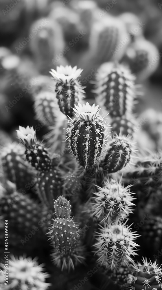 many cactuses some are blooming, in a desert, black and white, noir