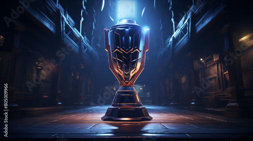 low key image of trophy over wooden table and dark background, with abstract shiny lights photo