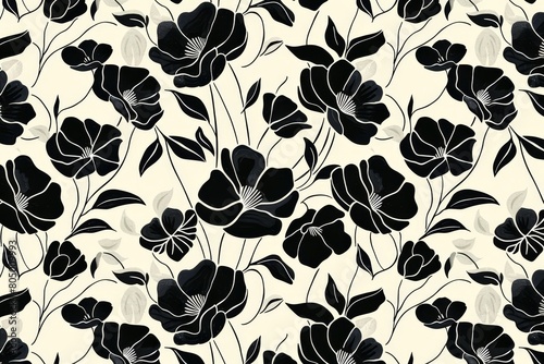 A pattern made of leaves and flowers, plant backdrop, floral design in black and white, minimal and beige colors. illustration in the style of ink painting.