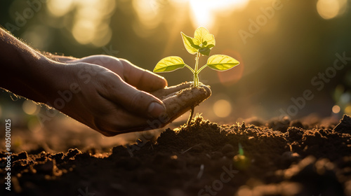hands with seedlings on sunset background. Spring concept, nature and care.