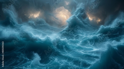 A painting capturing the strength and grandeur of a large wave in the ocean