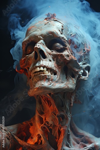 Captured in grisly detail, the portrait of a zombie's skinned-bones face surrounded by smoke perfectly encapsulates the horror of the undead.