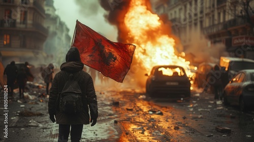 A poignant scene unfolds as a man, flag in hand, faces the burning car and the sea of protesters, reflecting the widespread discontent and clashes with governmental authority. photo