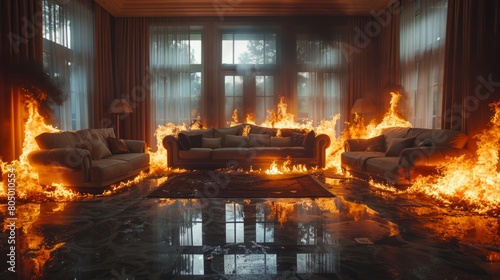 An intense fire rages within the house, engulfing everything in its path with merciless flames. The luxurious interiors are reduced to ashes, a stark reminder of the destructive force of the inferno. photo