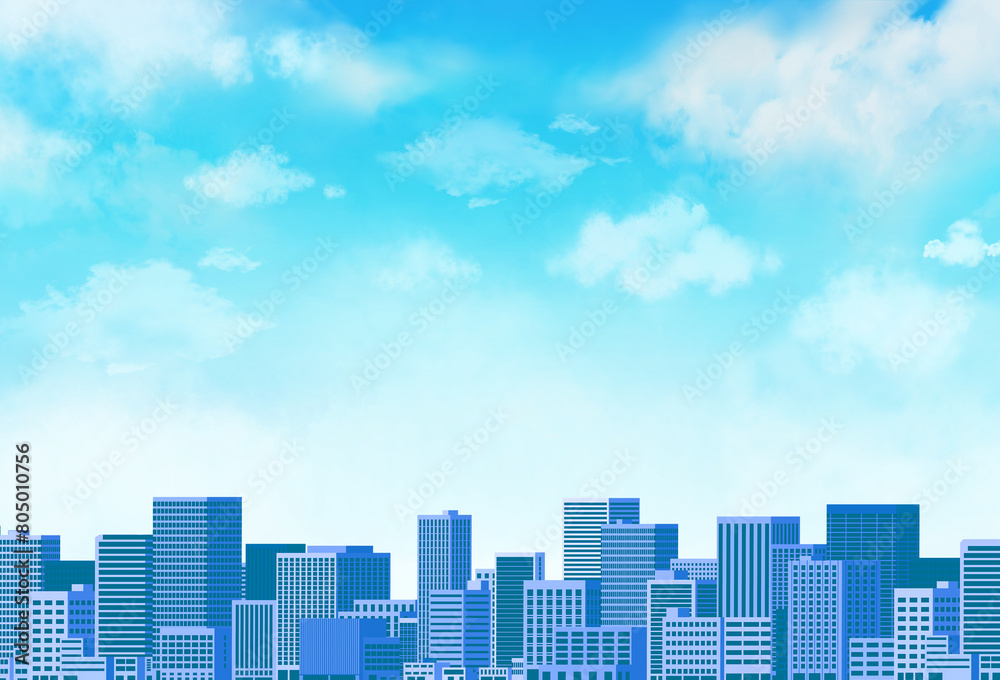 Obraz premium 街並み ビルと青空 夏イメージ ビル群 素材 都市風景 都会 大都市 商業ビル 繁華街 町並み 物件 建造物 シンプル