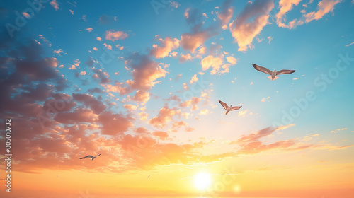 A serene sunrise scene featuring birds flying in the sky, symbolizing hope and new beginnings for World Wildlife Day.The tranquil atmosphere and soft hues of the sunrise evoke a sense of peace and red