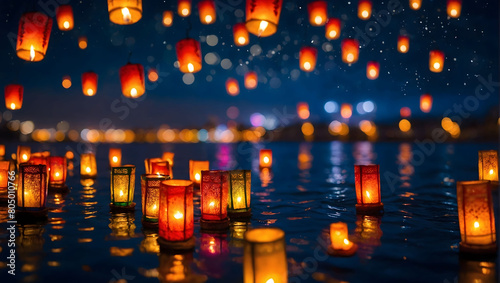 Diwali's Radiant Skies, Lanterns ascend into the night sky above the river, a breathtaking scene during the festival of lights. photo