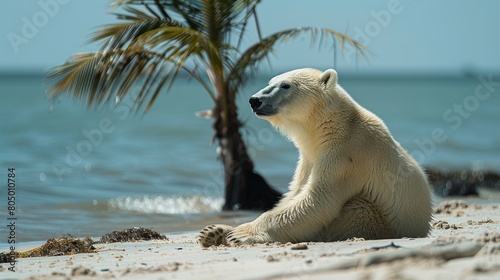 A listless polar bear on a sun-drenched beach mirrors the alarming reality of climate change's drastic effects. photo