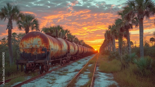 A railway train transporting tank wagons filled with petroleum products for oil extraction and transportation. This industrial image represents the logistics of oil distribution. photo