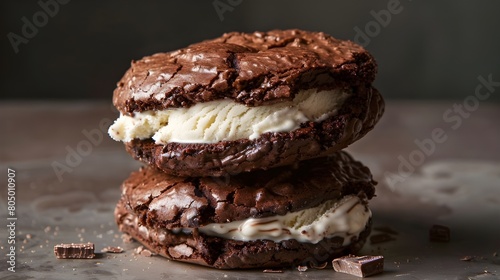 Brownie cookies and ice cream sandwich in stacks photo