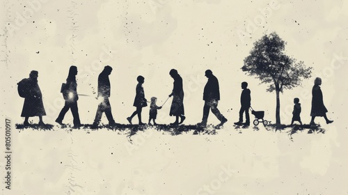 A silhouette of people of different ages walking alongside a tree