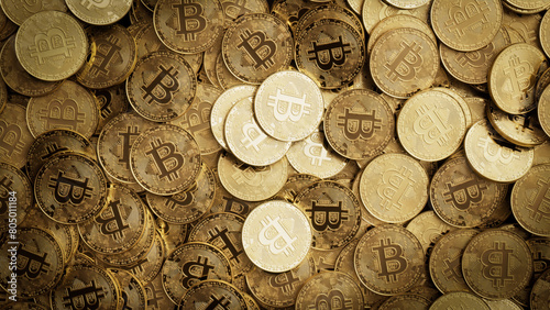 Bitcoin Cryptocurrency represented as Gold Coins. Future Money Wallpaper. 3D Render. photo