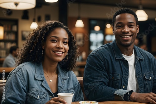 Young, happy African American plus-size couple on a coffee shop date. Two black people looking at camera on Blurry background. Concept of diversity.
