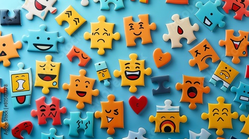 Emotional response to technology depicted through facial expressions on puzzle pieces