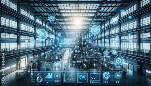 modern industrial facility with an overlay of futuristic digital interfaces and holographic data panels.