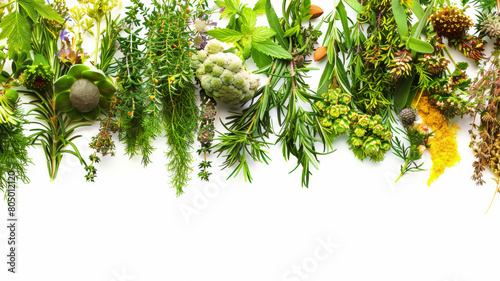 A row of herbs and spices are displayed on a white background photo