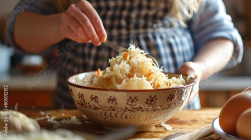 Woman with bowl of tasty sauerkraut at kitchen table
