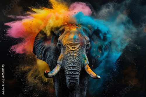 Majestic Elephant Bursting Through Cosmic Clouds in a Vivid Display of Holi Color and Power