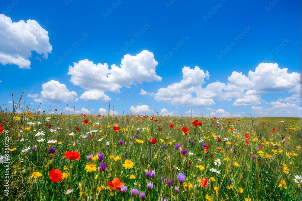 A vast field of wildflowers stretching to the horizon under a bright blue sky with puffy clouds. The flowers are a riot of colors - red, yellow, purple, pink, and white. They sway gently in the breeze