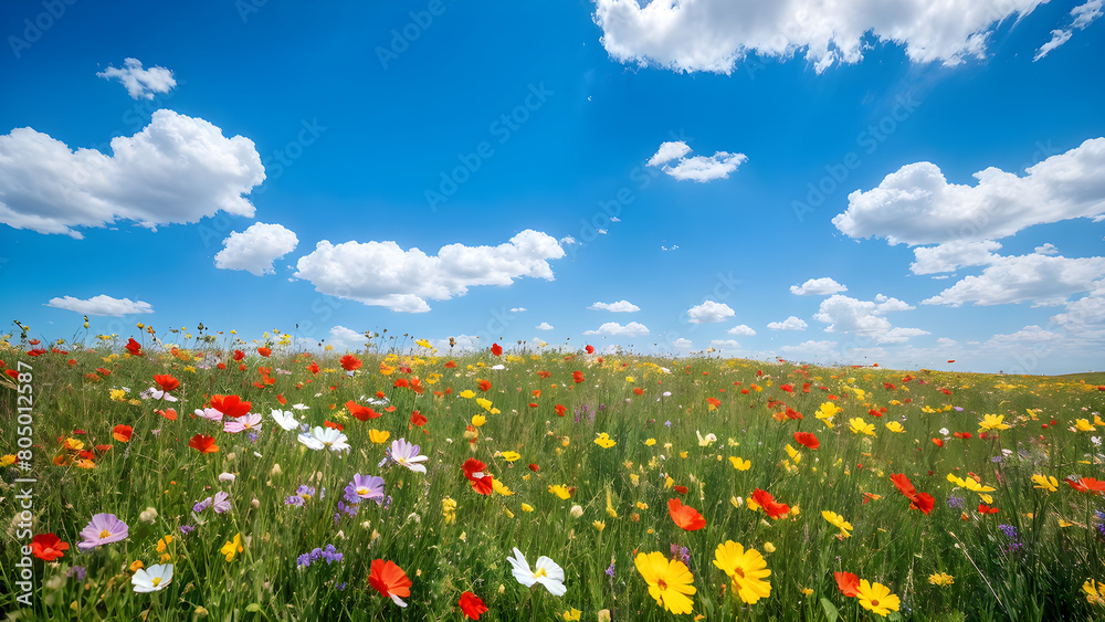 A vast field of wildflowers stretching to the horizon under a bright blue sky with puffy clouds. The flowers are a riot of colors - red, yellow, purple, pink, and white. They sway gently in the breeze