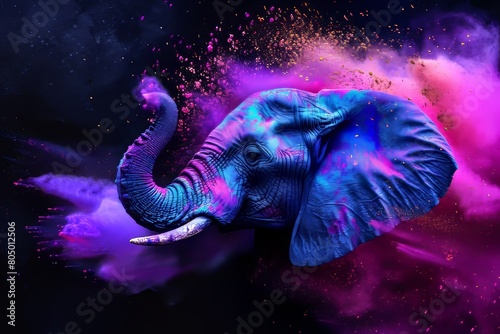 Majestic Elephant Bursting Through Cosmic Clouds in a Vivid Display of Holi Color and Power   © Stefan