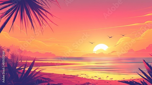 Sunset Symphony: Pink Sky and Sun Reflecting on Coastal Scene