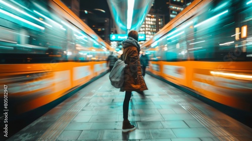 Dynamic Urban Life: People Captured in Motion Against Blurred City Lights

