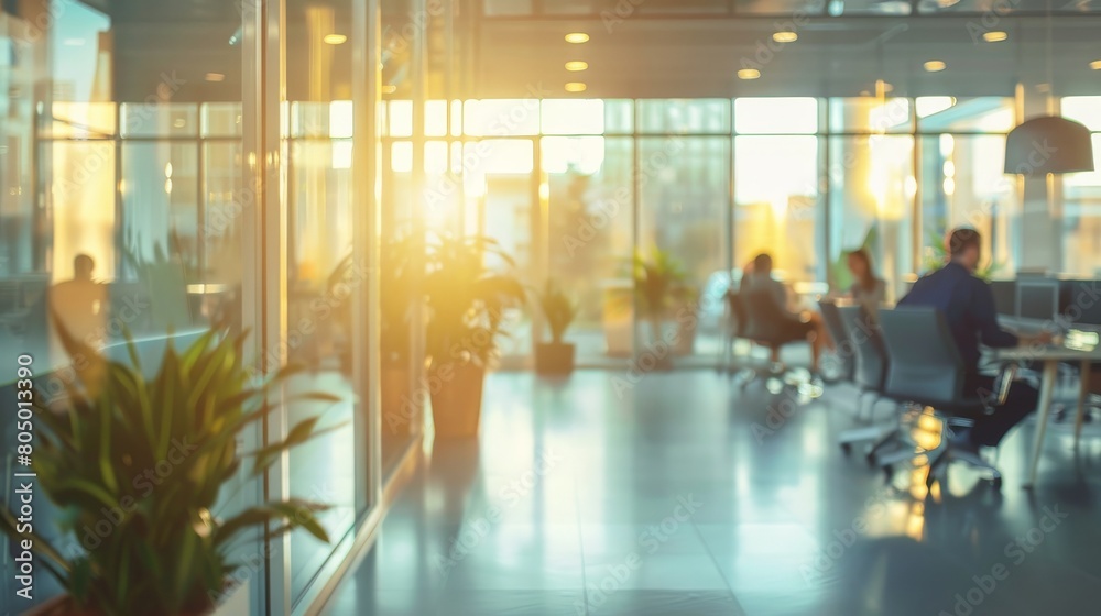 long exposure shot of a crowd of business people walking in a bright office lobby, fast-moving with blurriness. 