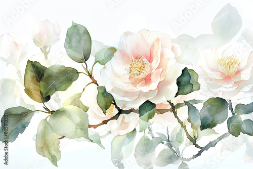 Camellias watercolor charm, soft hues, delicate isolation on white 