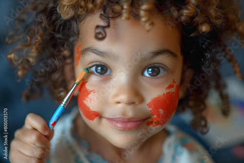 A young child with dark brown skin and curly hair is depicted holding an oil paintbrush in one hand while painting their cheek in the style of red lipstick using the other hand. The child wears overal