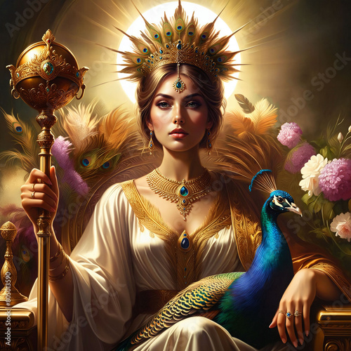 Hera, the queen goddess of marriage, woman and childbirth in golden robes, holding a scepter. Ancient Greek Mythology. A peacock with colorful feathers. Flowers as nature's blessing. Generative AI