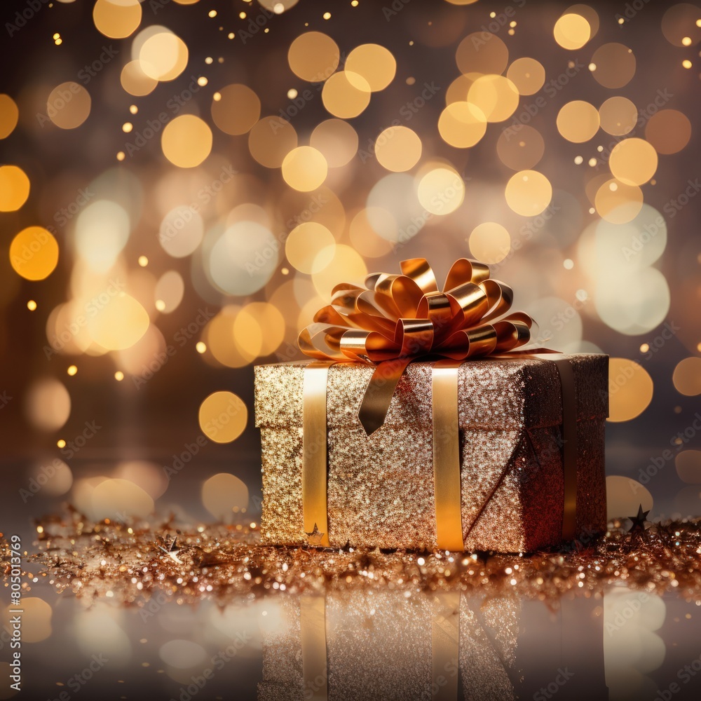 Compose a captivating image of a delectable gift boxs set against a festive Christmas bokeh background Compose a captivating image of a delectable gift boxs set against a festive Christmas bokeh background