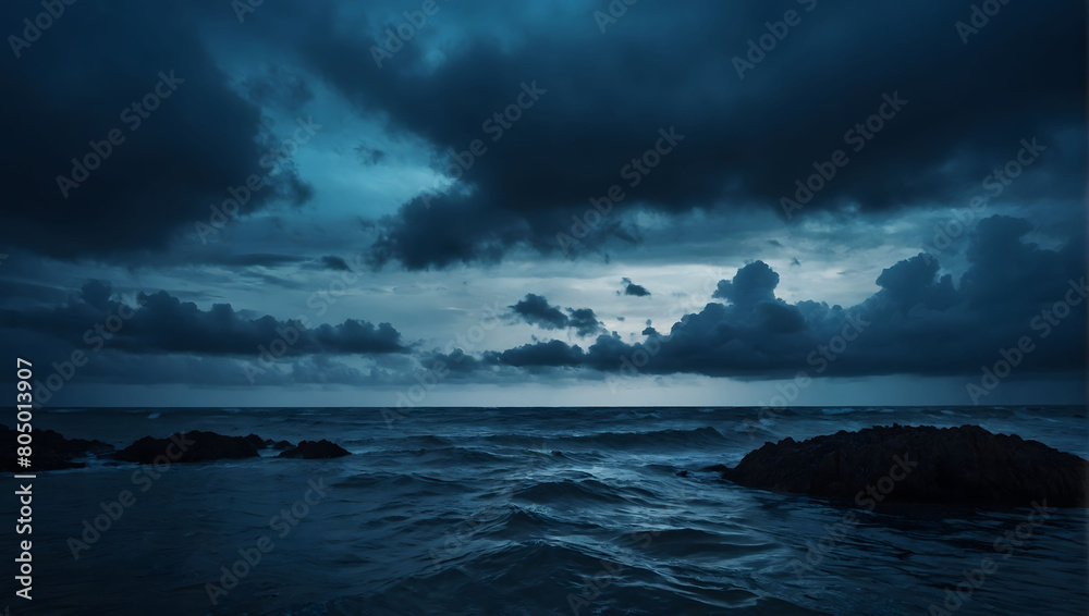 Eerie Oceanic Horror, Haunting Black and Blue Sky with Haunted Clouds, Creating a Scary Seascape in a Gloomy, Depressing Background.