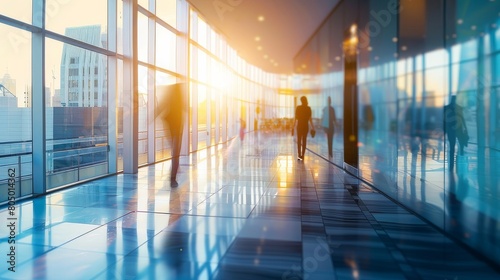 long exposure shot of a crowd of business people walking in a bright office lobby, fast-moving with blurriness. 