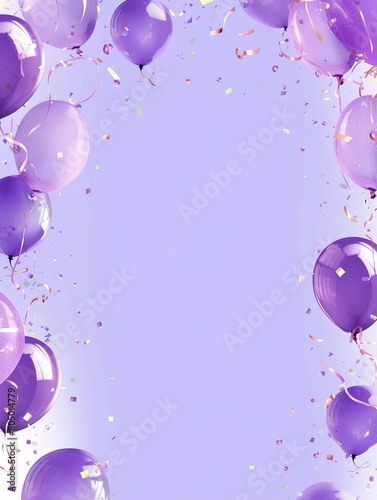 Purple balloons and confetti on a purple background with copy space