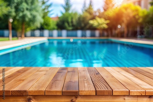 Wooden top with blurred empty Swimming pool background can be used for mocking up or display product to make advertising.