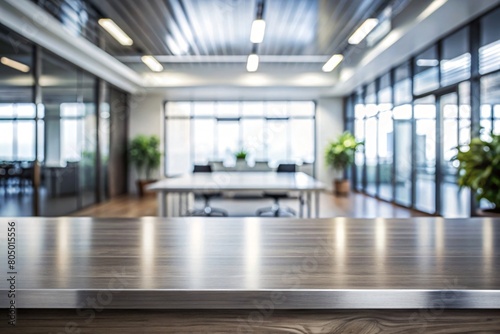 Wooden top with blurred empty office room background can be used for mocking up or display product to make advertising.