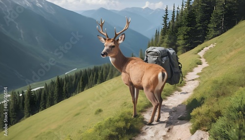 A Deer With A Backpack Hiking Through The Mountai