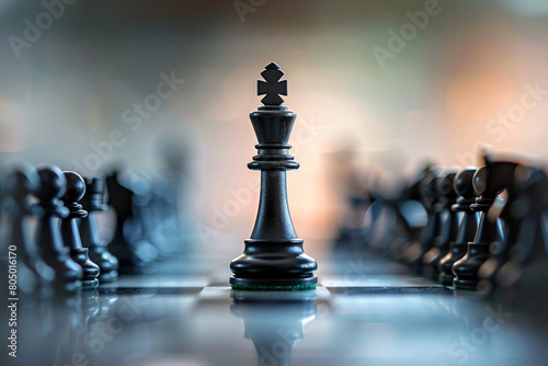 Chess king standing tall among pawns on an abstract background, illustrating strategic leadership and individual authority  photo