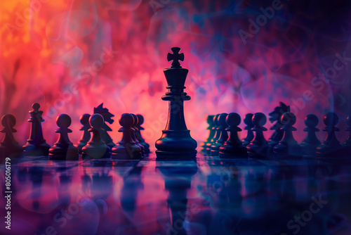 Chess king standing tall among pawns on an abstract background, illustrating strategic leadership and individual authority 