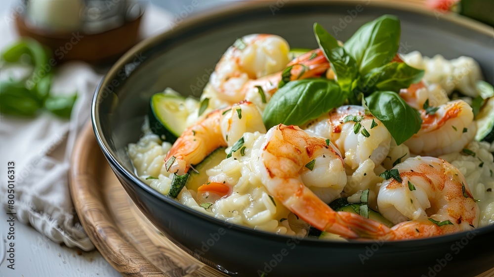 Fresh shrimp pasta with basil on rustic kitchen table Fresh shrimp pasta with basil on rustic kitchen table