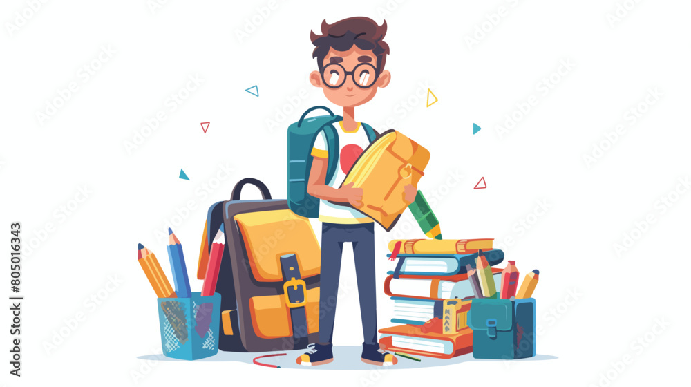 Student boy with school supplies on white background