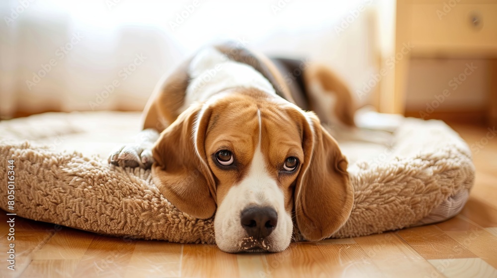 Tranquil beagle resting on a cozy dog bed indoors