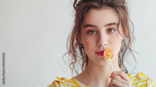 Woman eating a lollipop with a thoughtful face on a white background © Сергей Безрученко