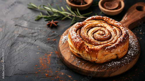 Wooden board with tasty cinnamon roll on black background