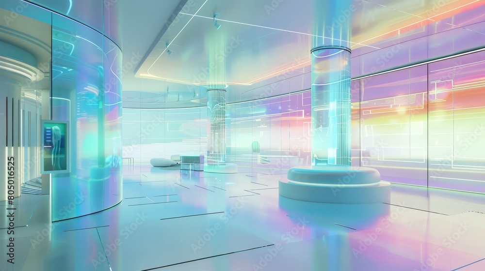 Naklejka premium Sleek, modern interior with vibrant neon colors and futuristic design, ideal for visuals on innovation and contemporary spaces.