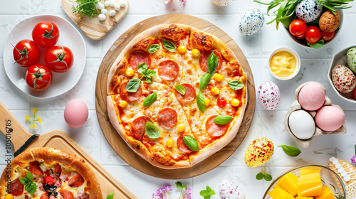 Wooden board with tasty pizza for Easter celebration