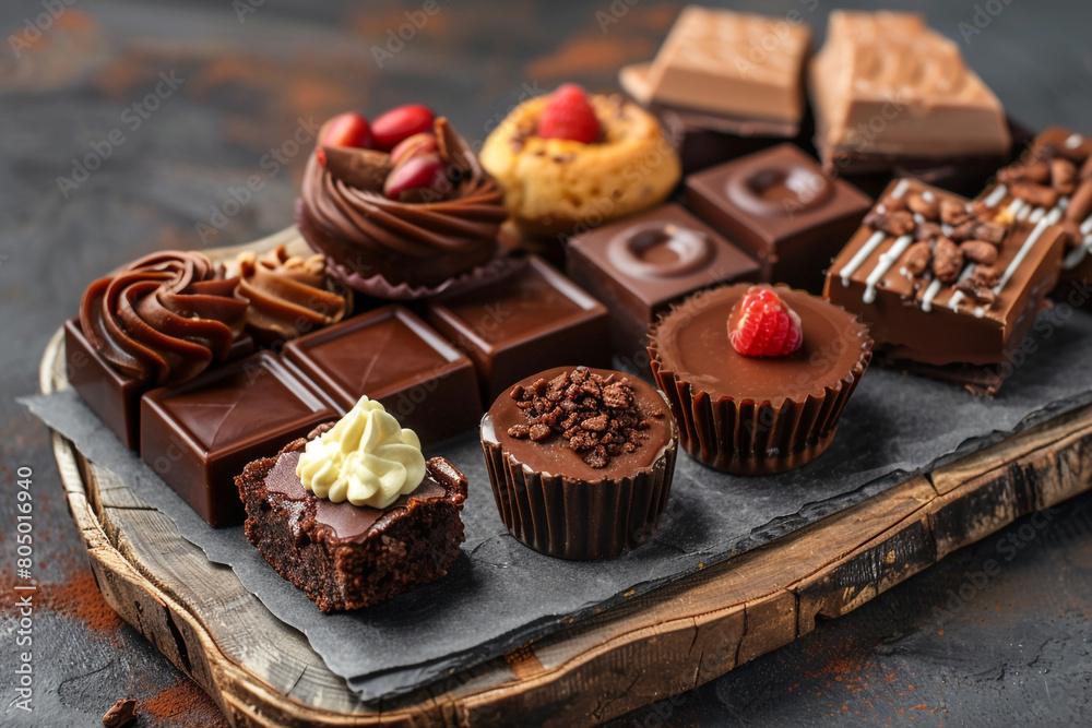 Chocolate dessert selection on a rustic background showcasing variety and homemade craftsmanship