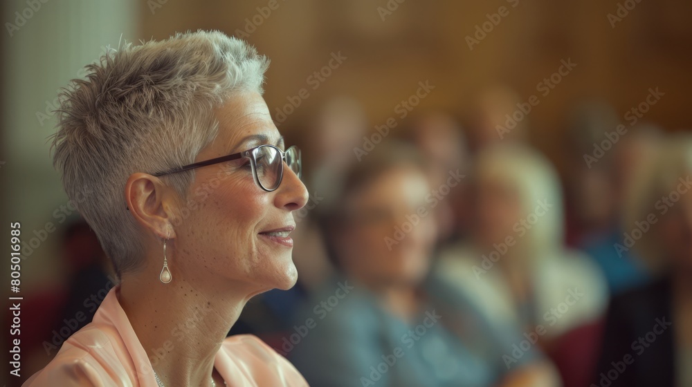 Mature woman listening attentively at a seminar, great for lifelong learning and engagement topics.