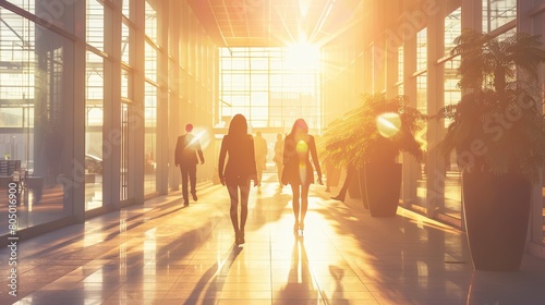People walking in a modern corporate environment at sunset, suitable for business lifestyle and corporate culture themes.